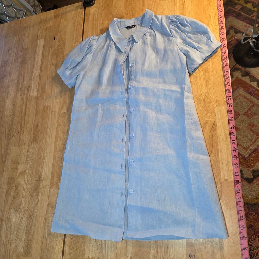 DolceCabo fully lined blue linen puff sleeve collared shirt dress mini 20" p2p